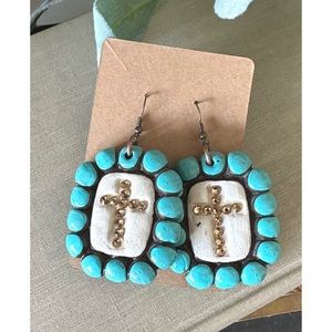 Clay square Earrings featuring  turquoise blue tone border,a pretty crea…